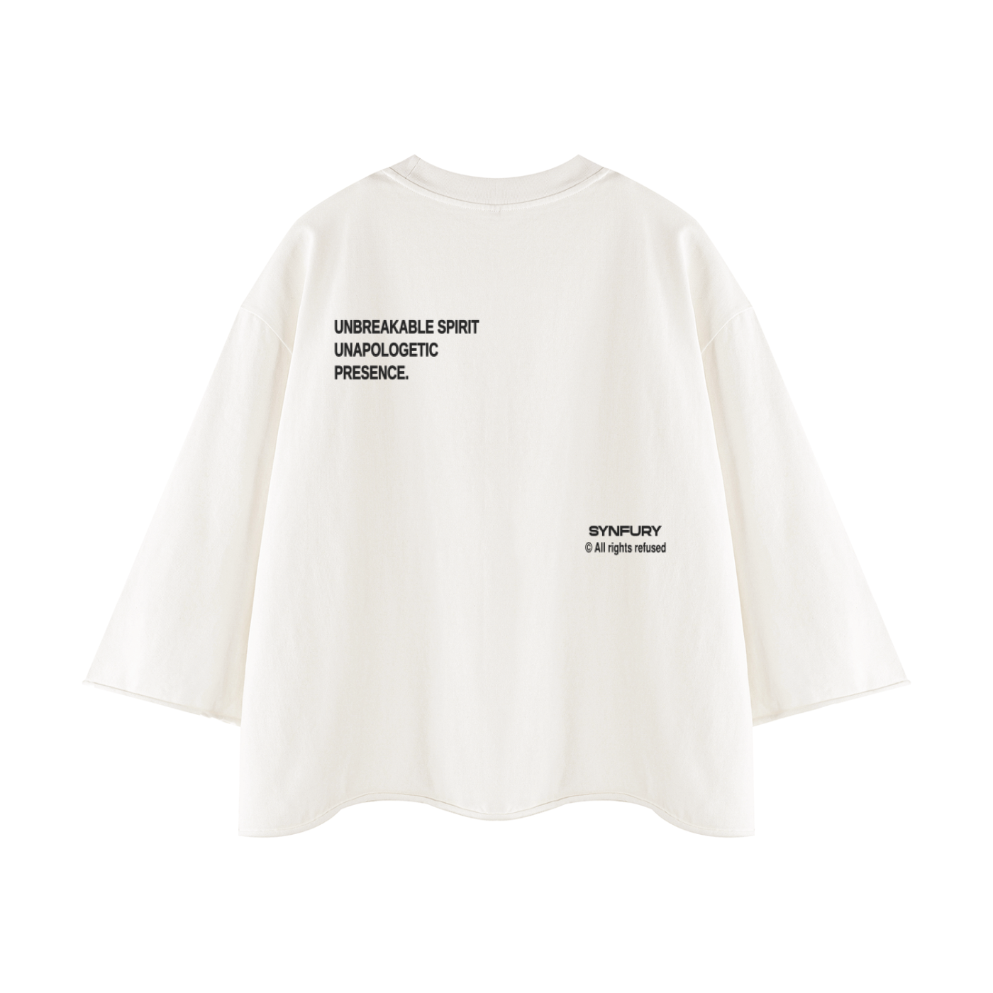 SYNFURY white short-sleeve t-shirt with black printed text on the back, displayed against a solid white background.